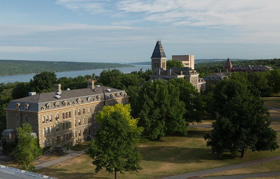 The Arts Quad in summer. With views of Morrill Hall, McGraw Hall and Cayuga Lake.