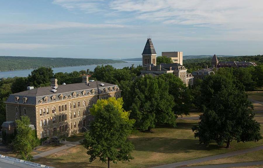 Morrill Hall, McGraw Hall, and White Hall, with Cayuga Lake behind