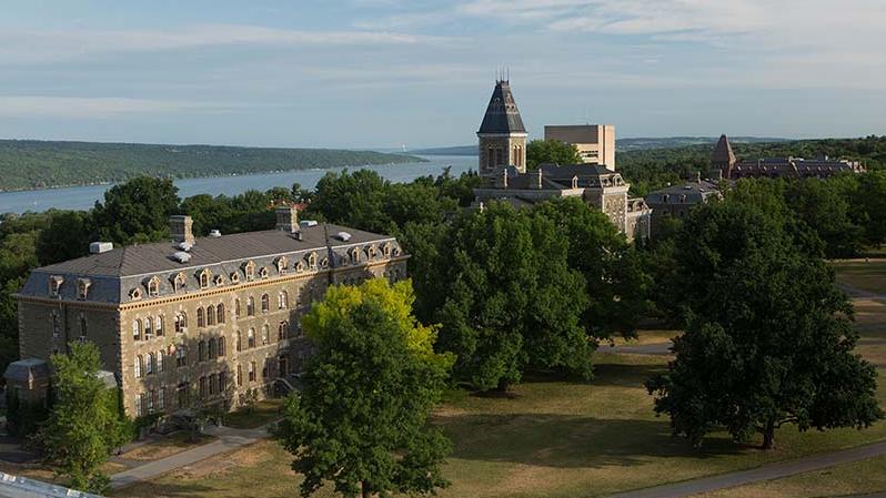 Morrill Hall, McGraw Hall, and White Hall, with Cayuga Lake behind