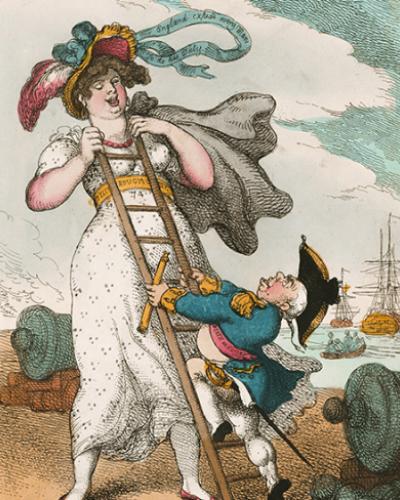Drawing of large woman standing with small man in colonial American officer uniform climbing a latter to her head